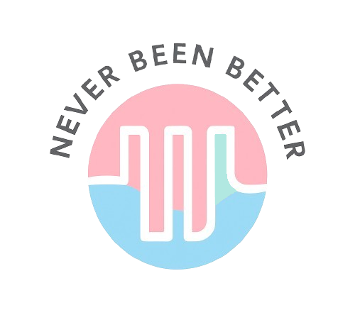 A circle with pink and blue divided by a white line forming wavy poles. With text; never been better